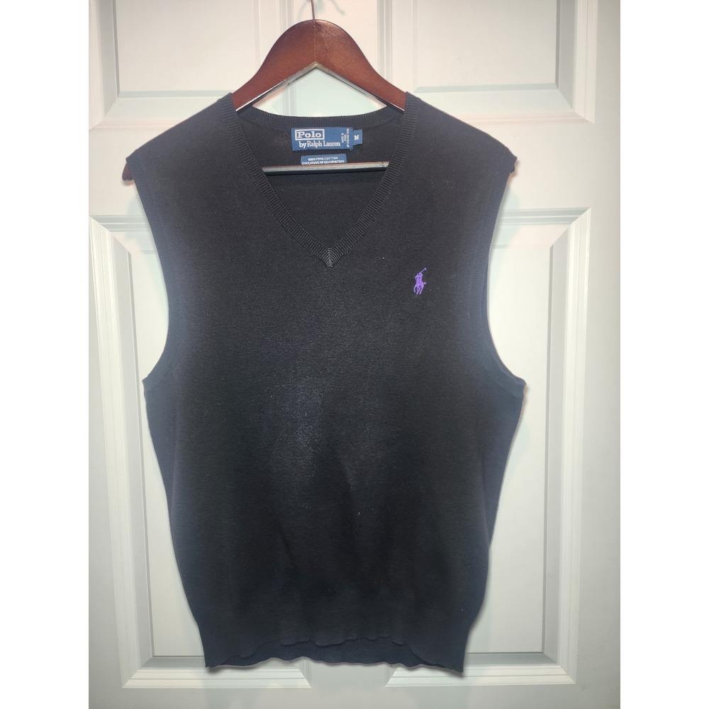 Polo Ralph Lauren Mens V-Neck Sweater Vest Black Pima Cotton Purple Pony 90s M